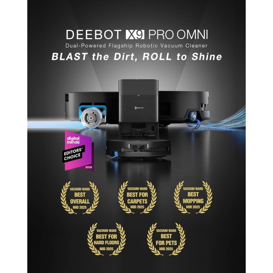 ECOVACS DEEBOT X9 PRO Omni Robot Vacuum and Mop, Blast™ 16,600Pa Suction, OZMO Roller Instant Self-Washing Mopping, ZeroTangle™ 3.0, Triple Lift System, AI Smart Navigation, Hands-Free Omni Station