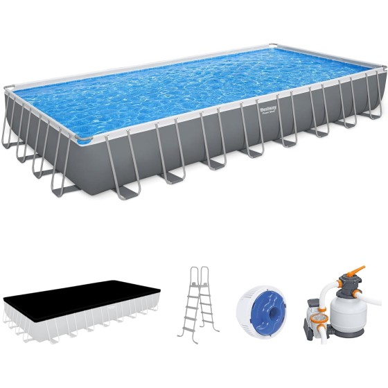 Bestway Power Steel 31' 4" x 16' x 52" Rectangular Metal Frame Above Ground Swimming Pool Set with 2,200 GPH Filter Pump, Ladder and Pool Cover, Grey