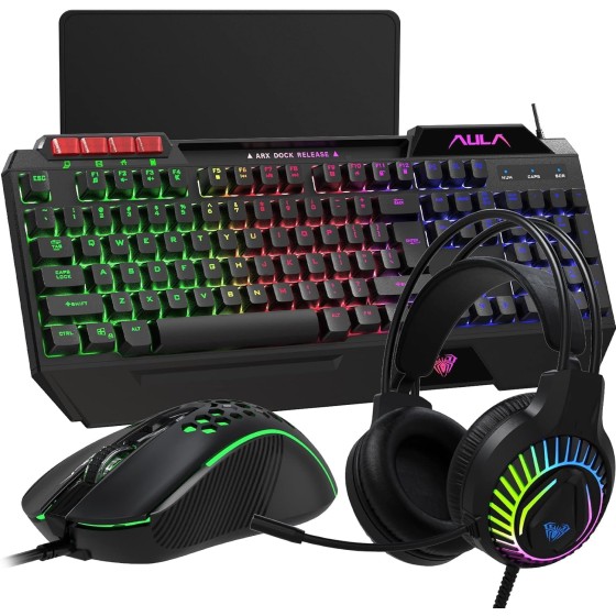 AULA Gaming Keyboard, Keyboard Mouse Headset and Mousepad Combo, RGB LED Backlit Gaming Keyboard Bundle, USB Wired Keyboard Combo for PC Gamer, Xbox, PS4 Users