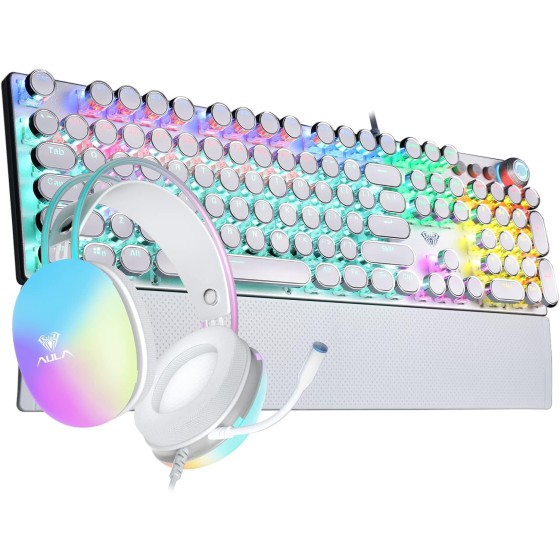 AULA Rainbow Backlit Mechanical Wired Blue Switches Gaming Keyboard + Wired Green Gaming Headset with Mic for PC