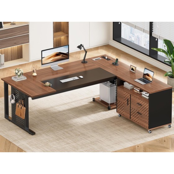 SEDETA 71" Executive Desk with Rolling File Cabinet, Large Office Desk with Drawers, L Shaped Computer Desk with Power Outlets, CPU Stand, Pegboard and Storage Shelves